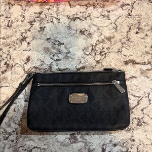 Michael Kors Black Pebbled Leather Wristlet Clutch with Silver Hardware